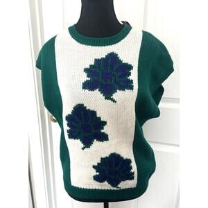 Womens Vintage 80s Green Blue Floral Knit Sweater Best Size Large